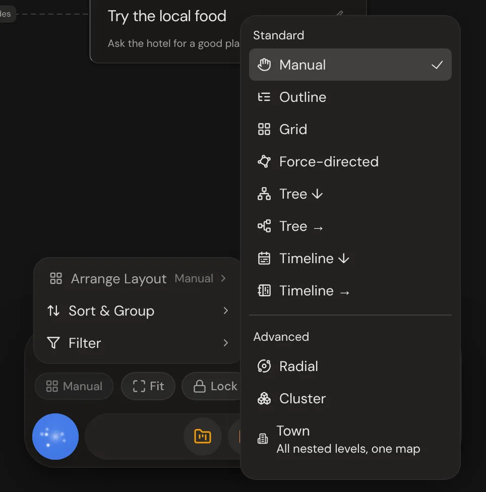The layout chip's menu in the panel at the bottom right, with its Arrange Layout list of layouts open.