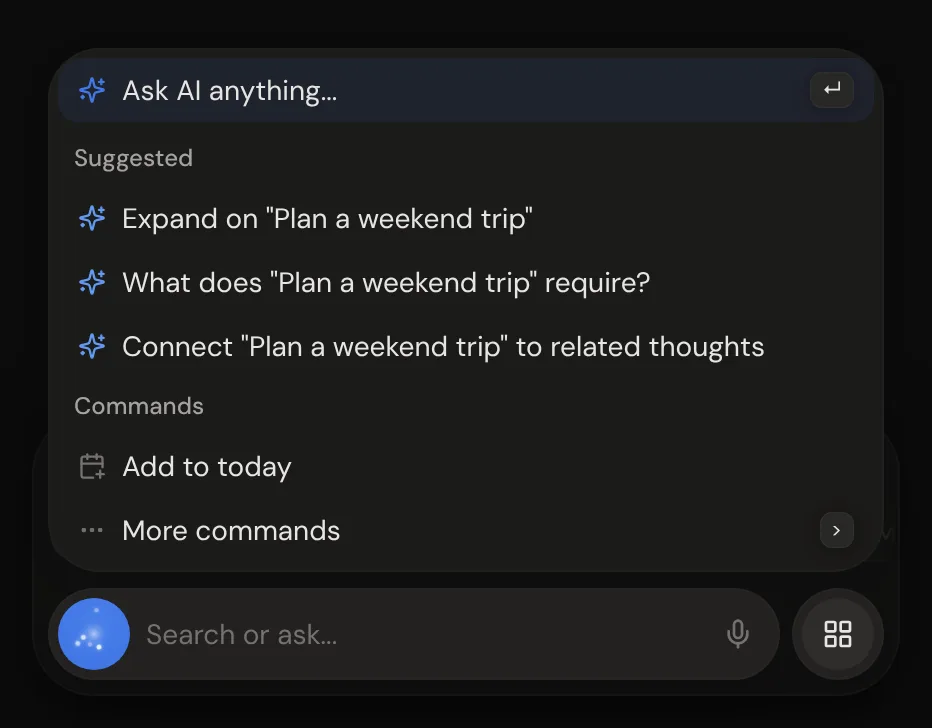 The command bar open above the dock, with Ask AI, suggestions for the selected thought, Add to today and More commands.