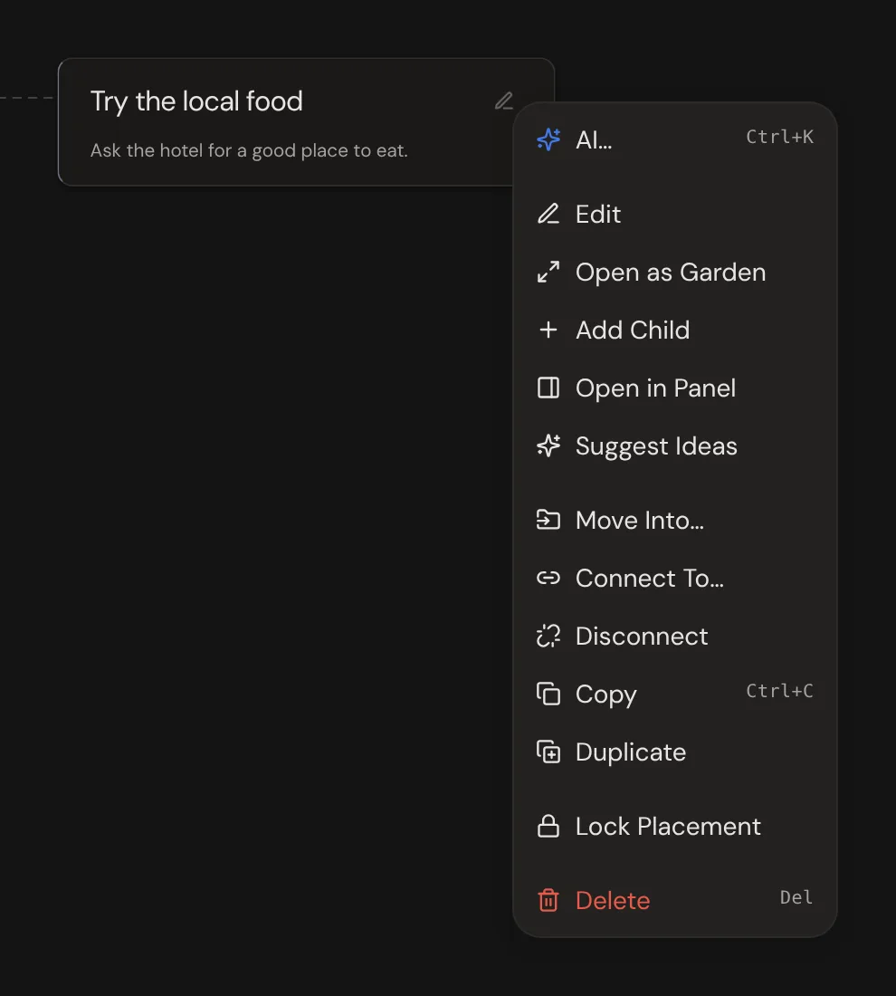 The right-click menu open next to a thought.