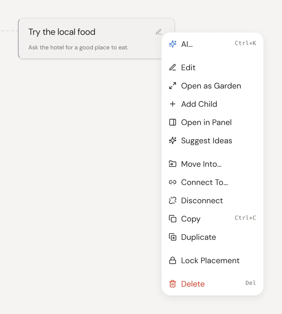 The right-click menu open next to a thought.