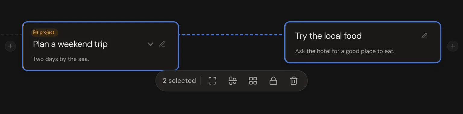 Two selected thoughts, with the group toolbar below them showing fit, align, arrange, lock and delete.