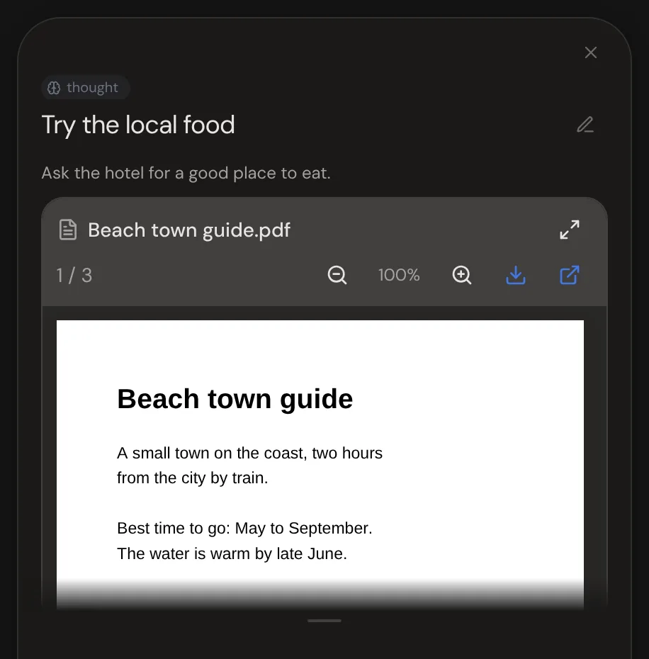 A PDF open in a thought's notes in the side panel, showing its first page under the page count and zoom buttons.