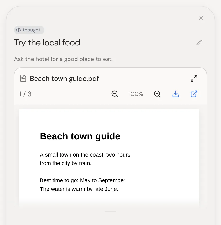 A PDF open in a thought's notes in the side panel, showing its first page under the page count and zoom buttons.