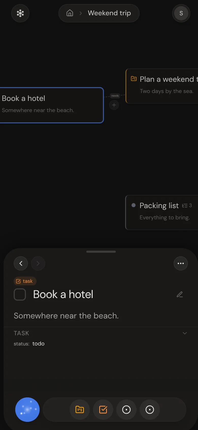 A thought open in the panel at the bottom of a phone.