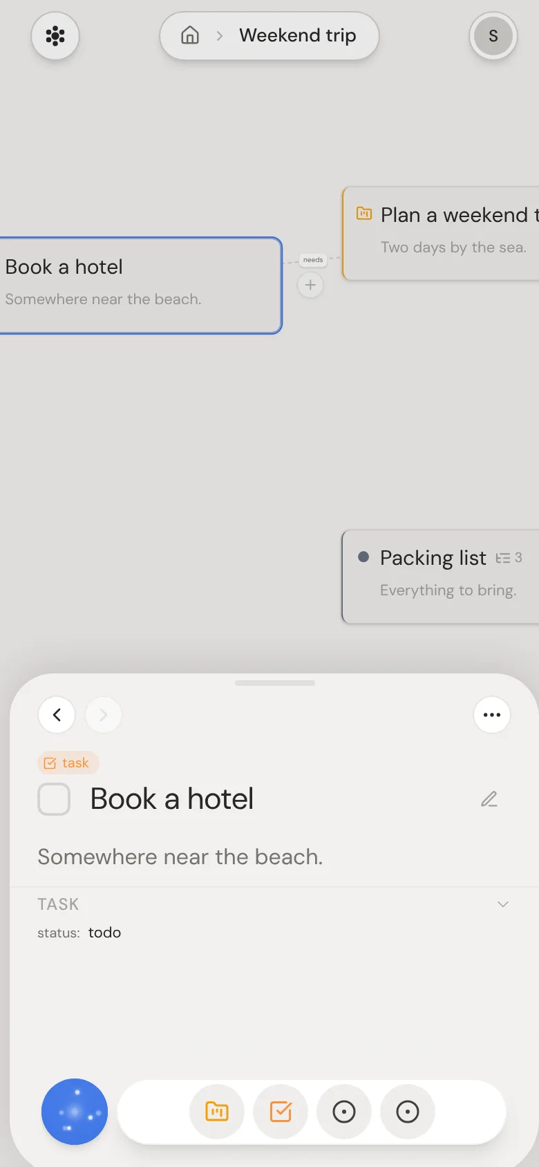 A thought open in the panel at the bottom of a phone.