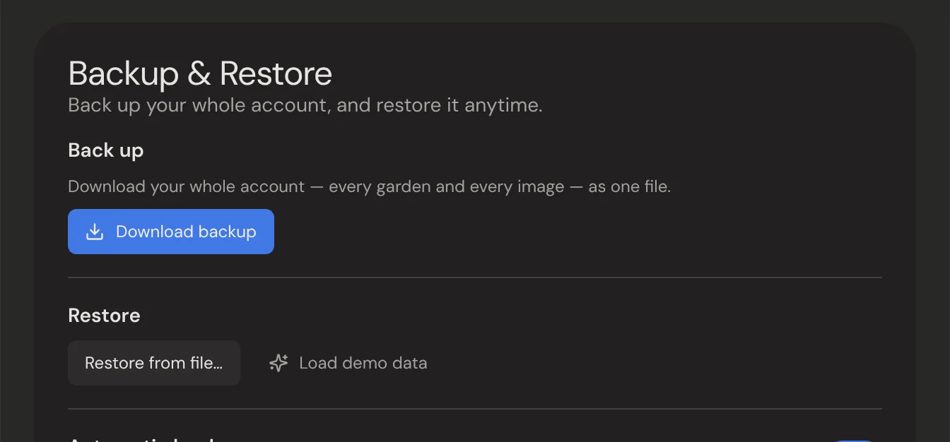 The Backup & Restore settings, with Download backup and Restore from file.