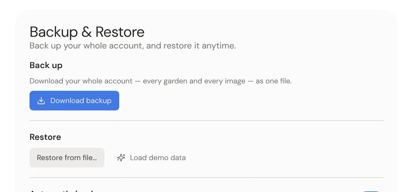 The Backup & Restore settings, with Download backup and Restore from file.