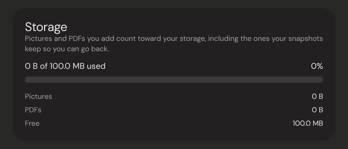 The Storage settings: a bar of how much of your 100 MB you've used, split into pictures and PDFs.