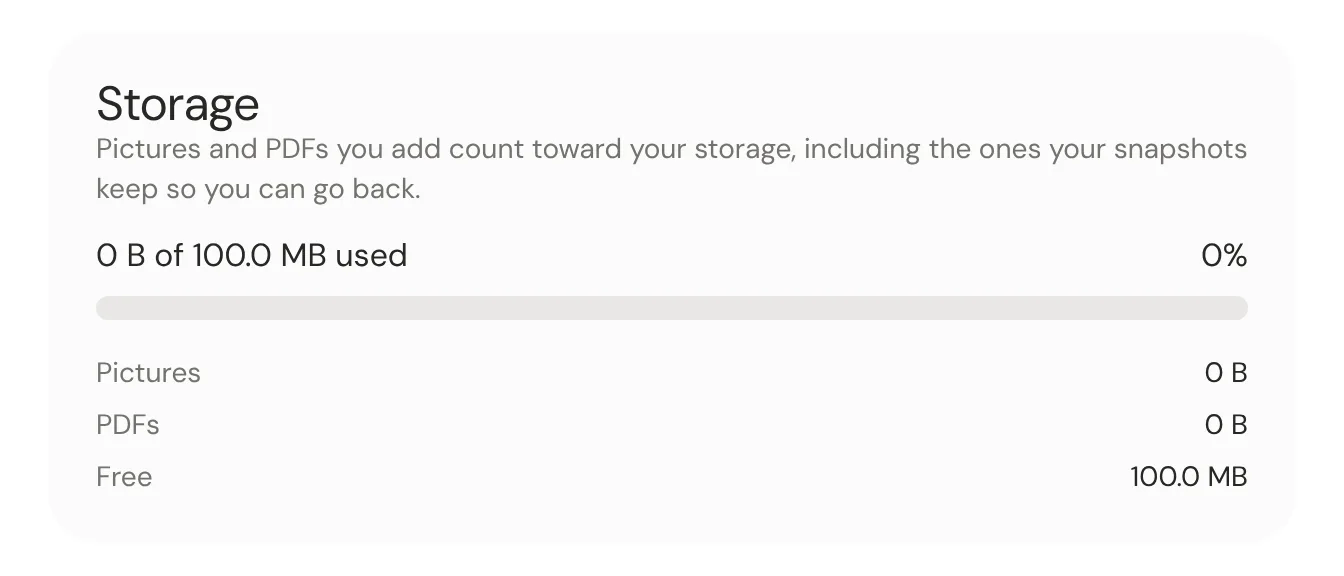 The Storage settings: a bar of how much of your 100 MB you've used, split into pictures and PDFs.
