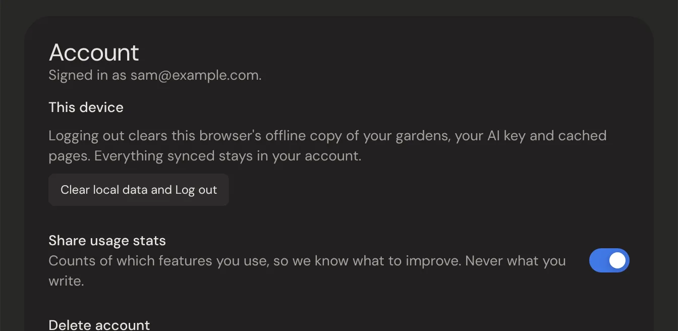 The Account settings, with the Share usage stats switch.