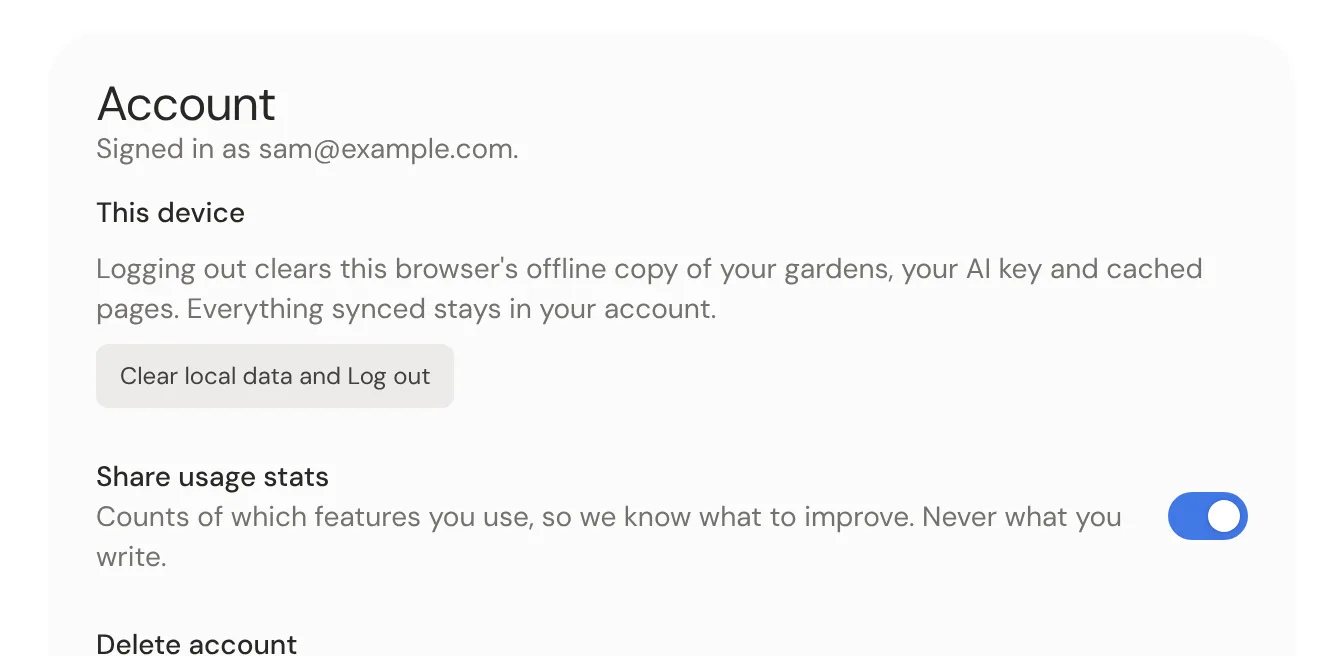 The Account settings, with the Share usage stats switch.