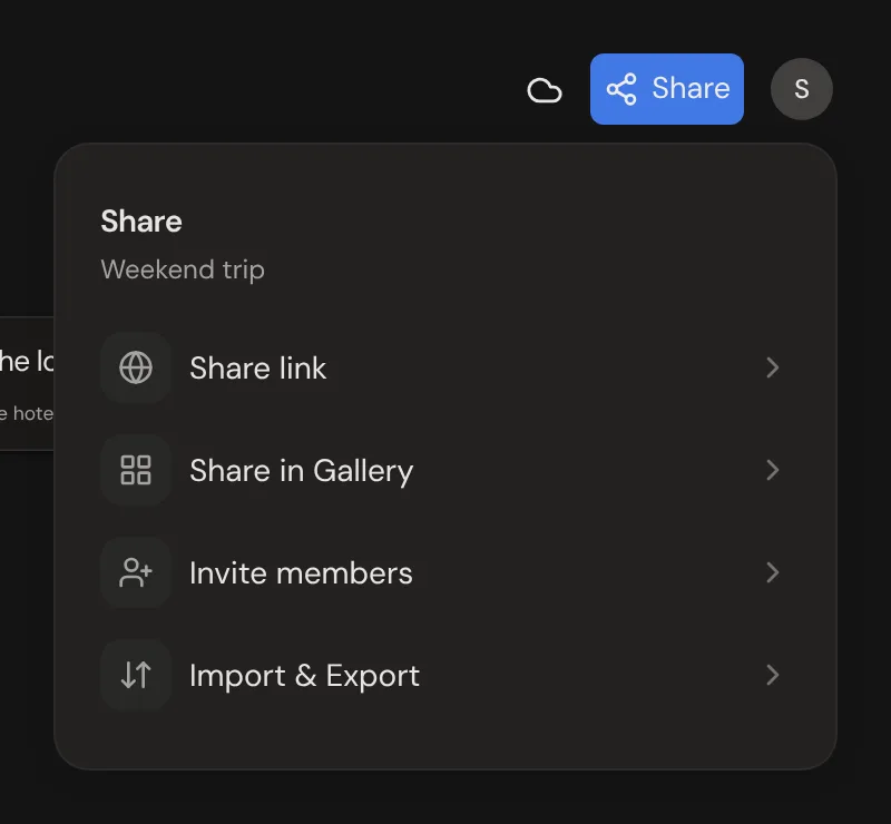 The Share menu: Share link, Share in Gallery, Invite members, and Import & Export.