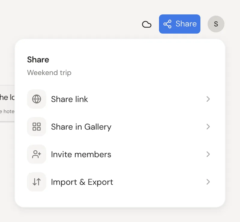 The Share menu: Share link, Share in Gallery, Invite members, and Import & Export.