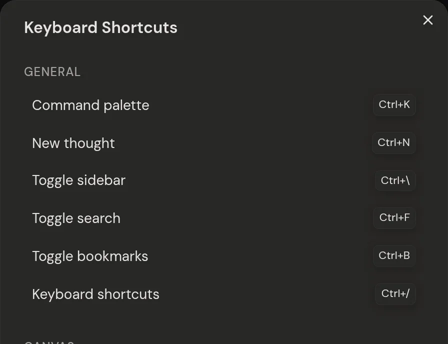 The Keyboard Shortcuts window, showing the general shortcuts.