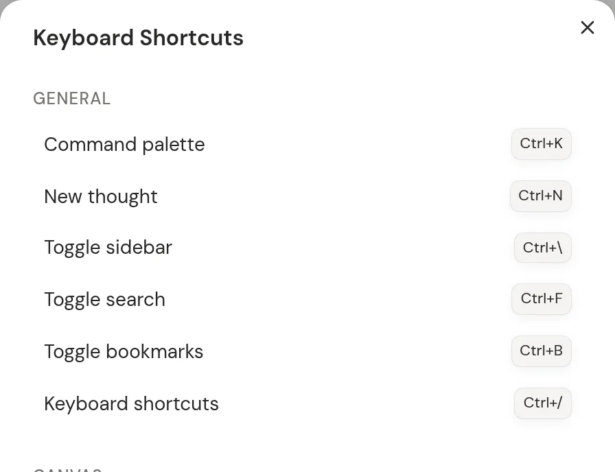 The Keyboard Shortcuts window, showing the general shortcuts.