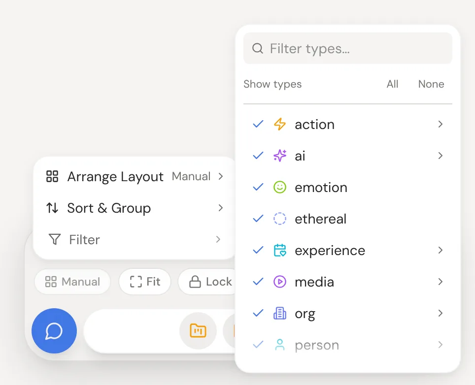 The type filter open from the layout chip's menu in the panel at the bottom right, with a checkbox for each type.