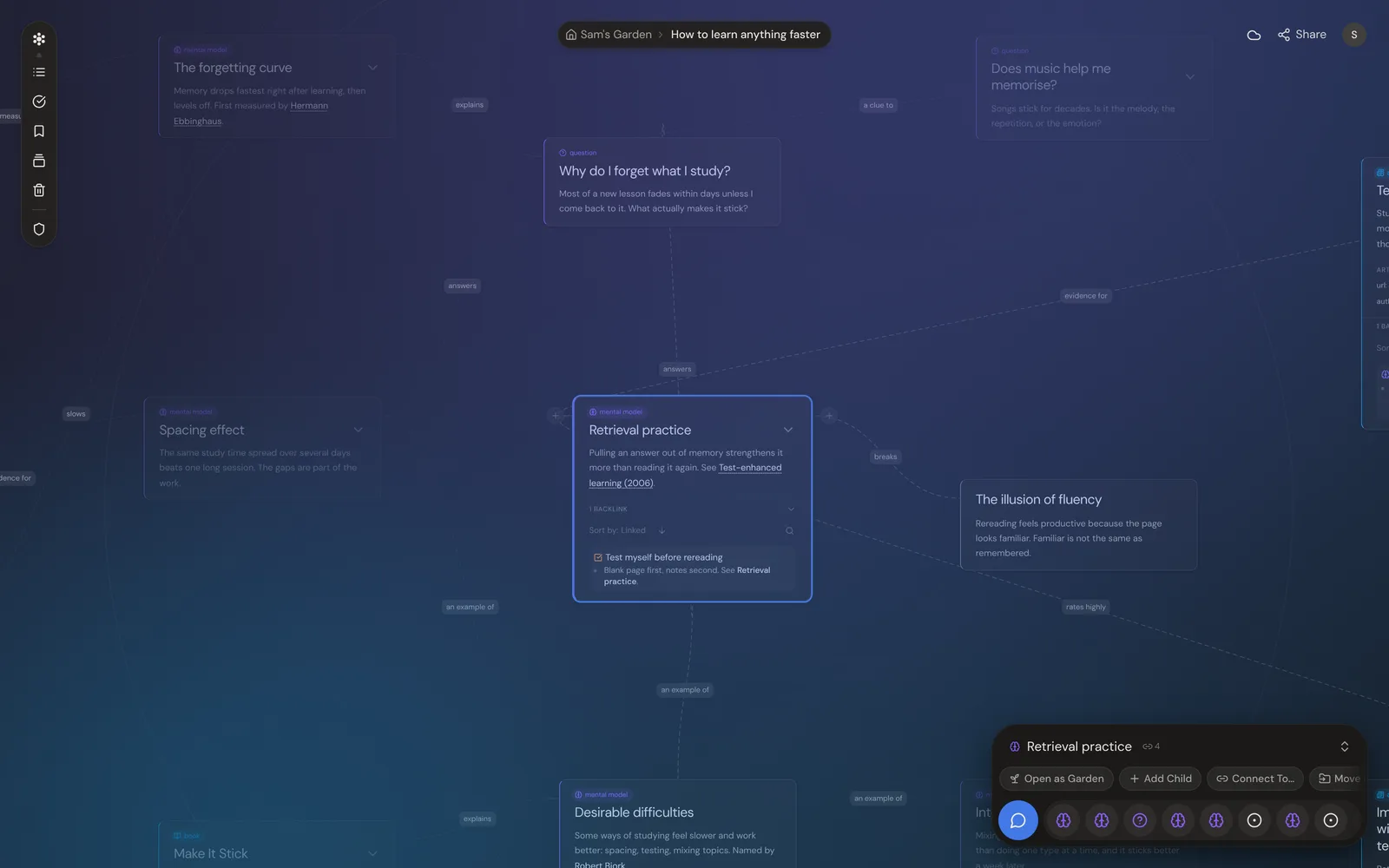 A Neural Garden canvas titled How to learn anything faster: the question “Why do I forget what I study?” at the top, the card “Retrieval practice” selected in the middle with its + handles, and neighbouring cards joined by labelled lines such as answers, breaks and an example of. The menu floats on the left, and the selected thought's panel, with its actions and the command bar, sits at the bottom right.