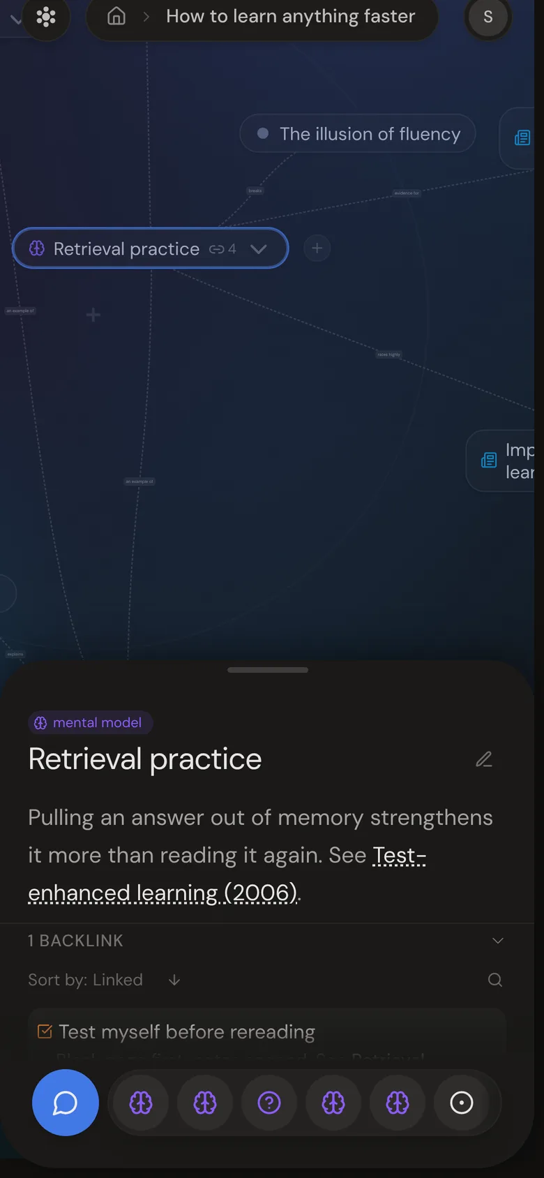 The same garden on a phone: “Retrieval practice” open in the bottom panel with its type, description and a backlink from the study plan, the canvas above it and the command bar at the bottom of the panel.