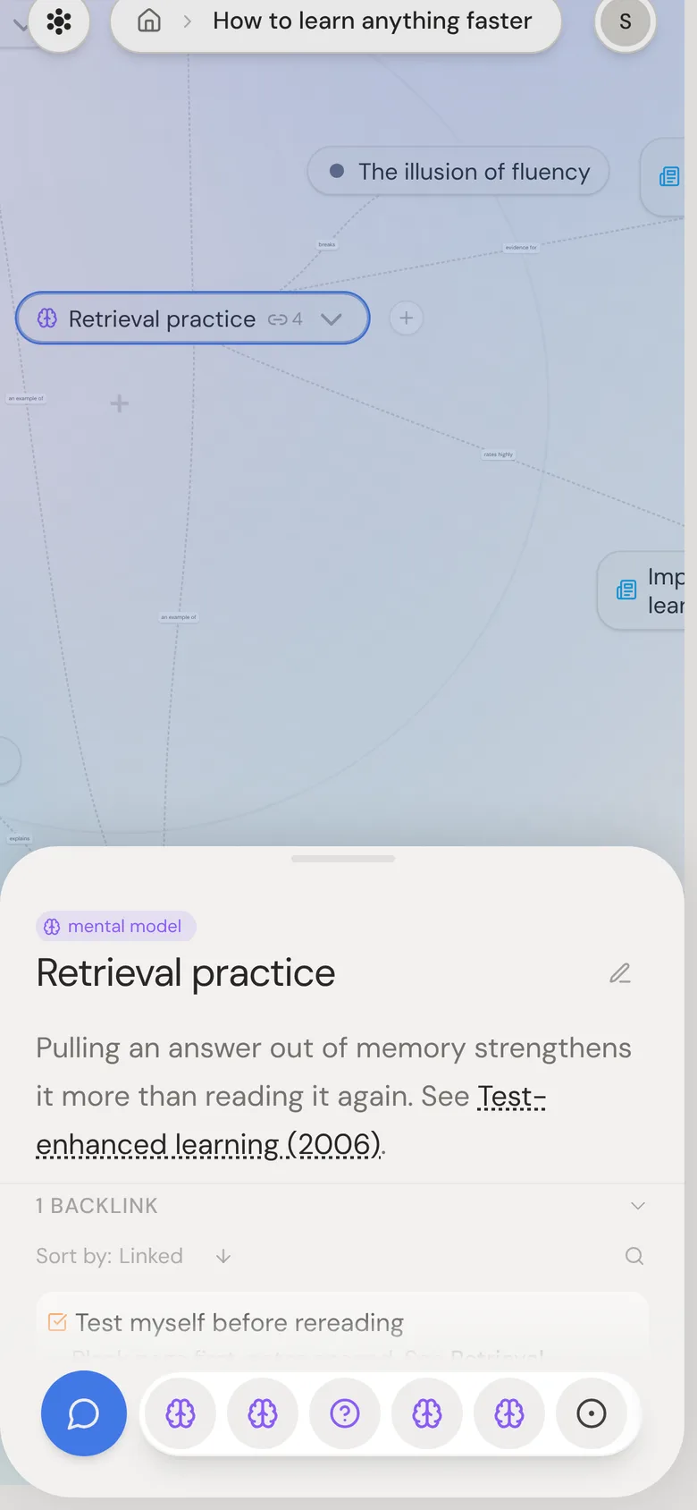 The same garden on a phone: “Retrieval practice” open in the bottom panel with its type, description and a backlink from the study plan, the canvas above it and the command bar at the bottom of the panel.
